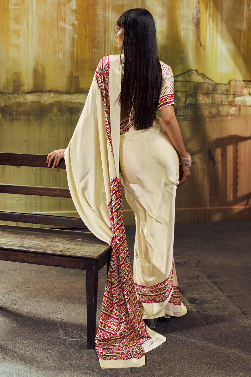Cream Color Glorious Satin Ajrakh Printed Saree