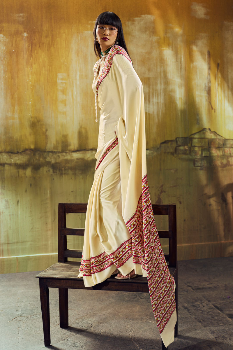 Cream Color Glorious Satin Ajrakh Printed Saree
