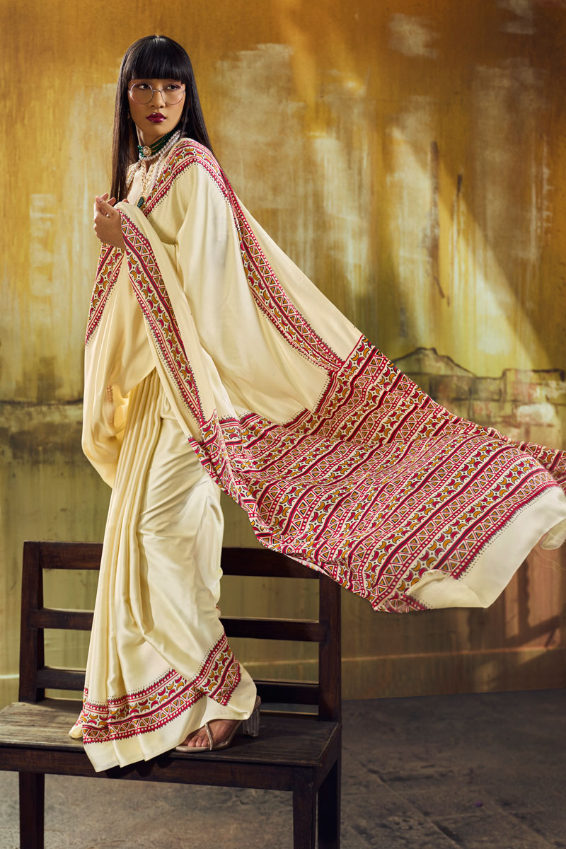 Cream Color Glorious Satin Ajrakh Printed Saree