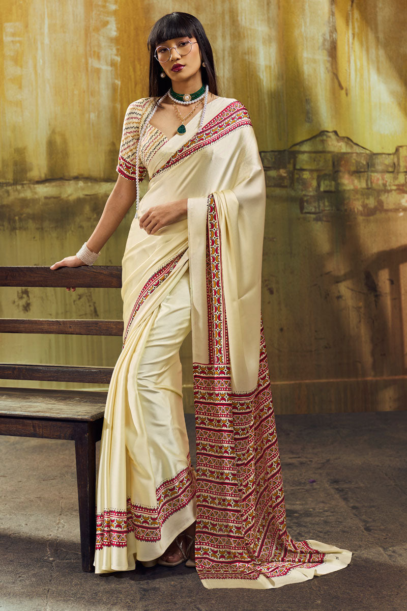 Cream Color Glorious Satin Ajrakh Printed Saree