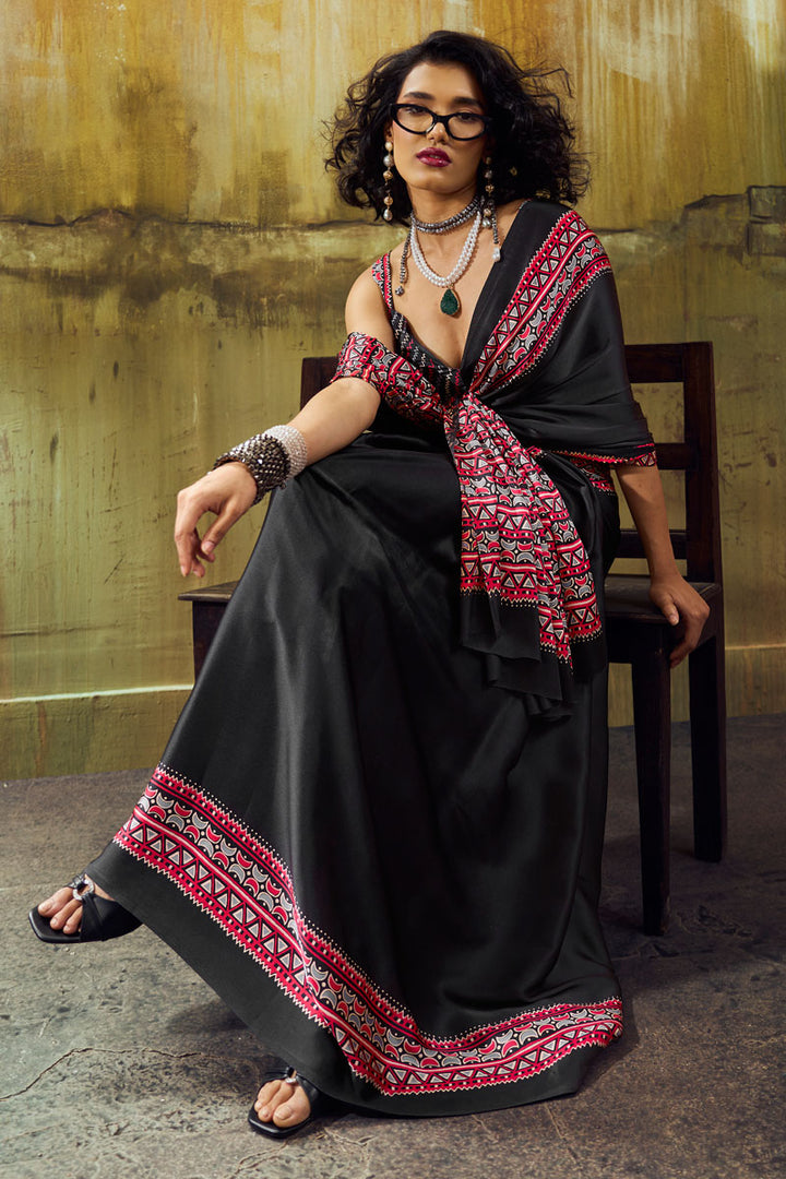 Festive Style Black Ajrakh Printed Satin Saree