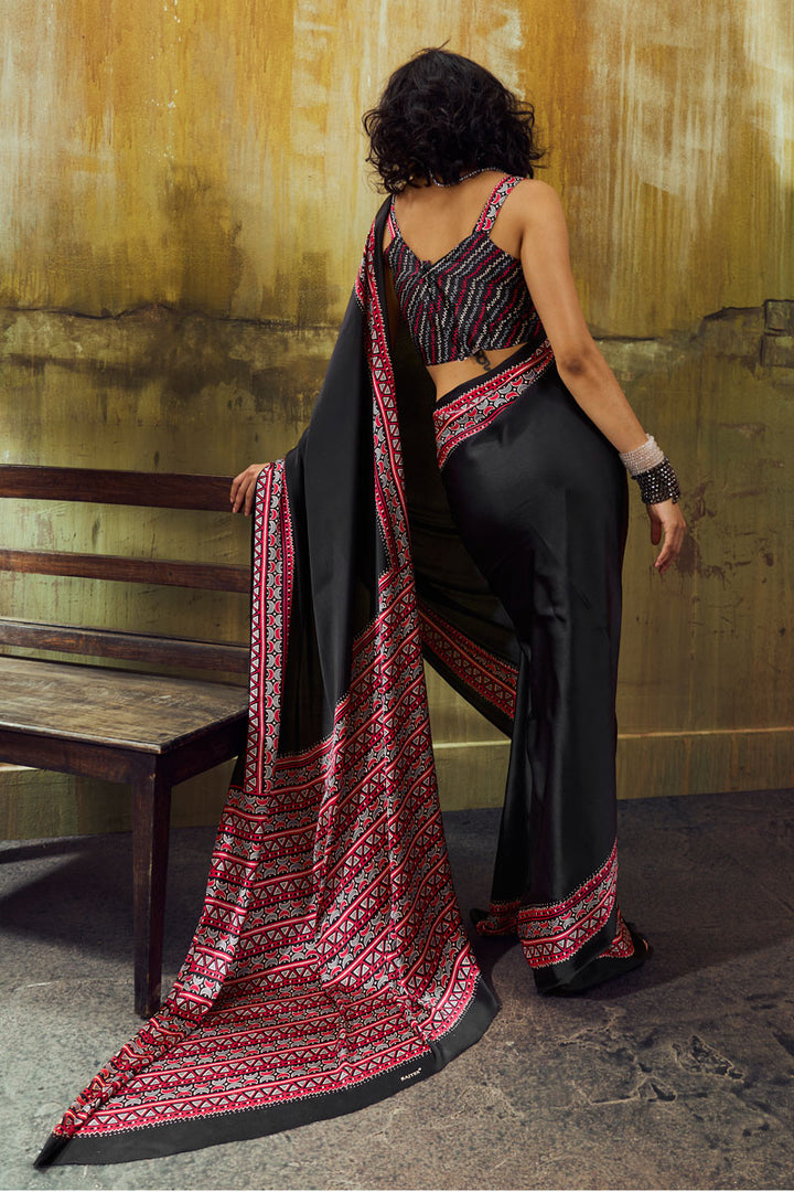 Festive Style Black Ajrakh Printed Satin Saree