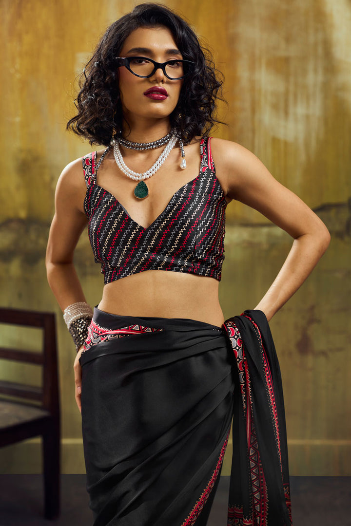 Festive Style Black Ajrakh Printed Satin Saree