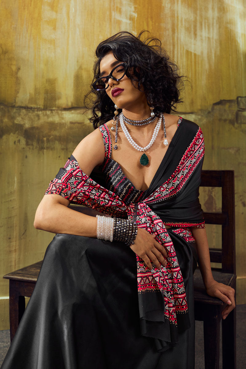 Festive Style Black Ajrakh Printed Satin Saree