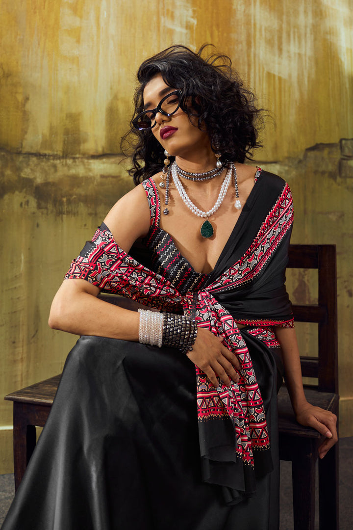 Festive Style Black Ajrakh Printed Satin Saree