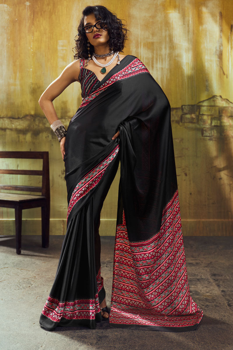 Festive Style Black Ajrakh Printed Satin Saree