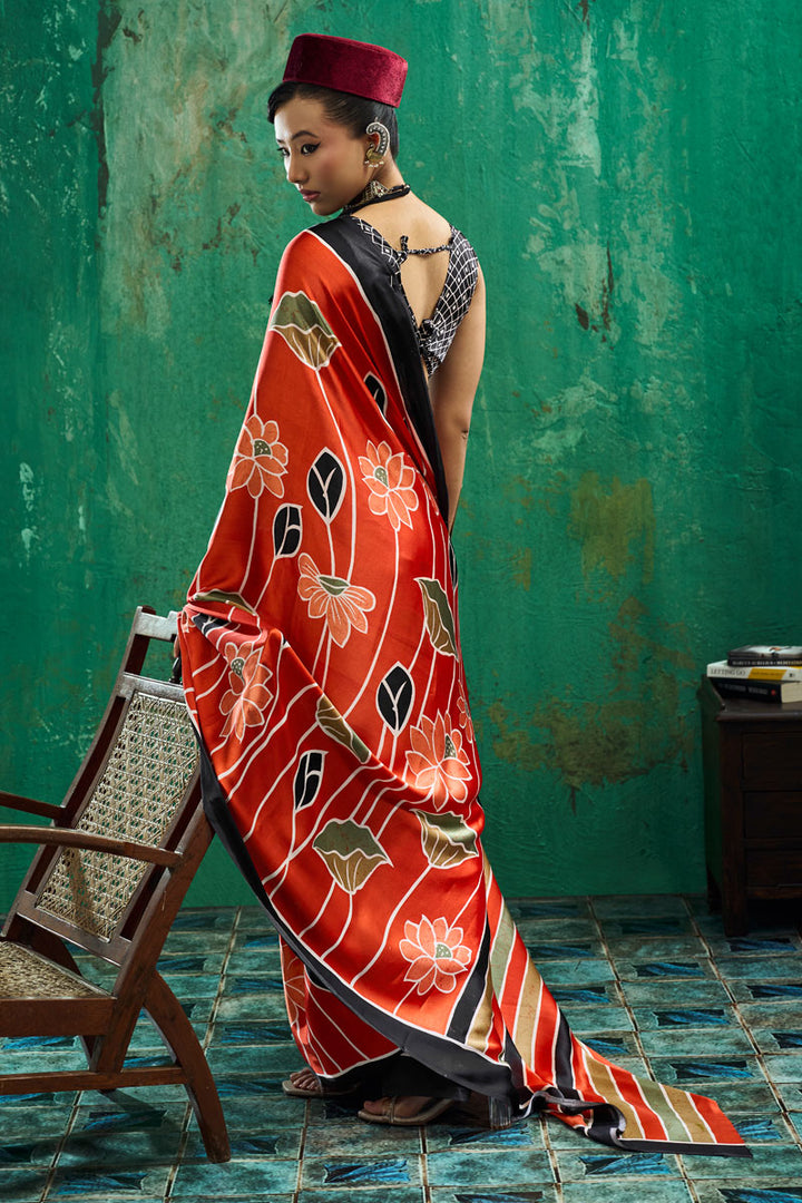 Awesome Ajrakh Printed Rust Color Satin Saree | Buy Online India