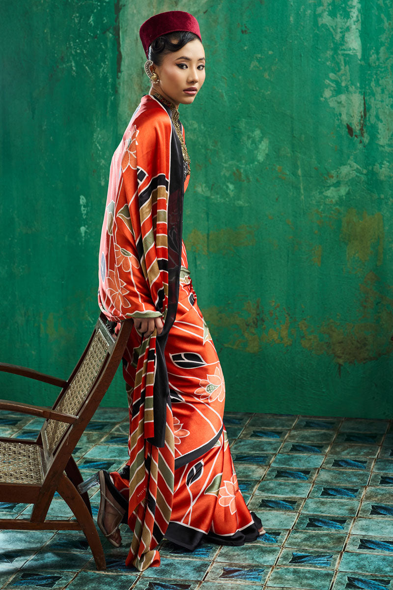 Awesome Ajrakh Printed Rust Color Satin Saree | Buy Online India