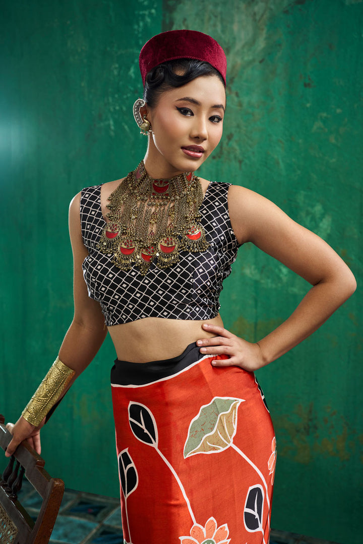 Awesome Ajrakh Printed Rust Color Satin Saree | Buy Online India