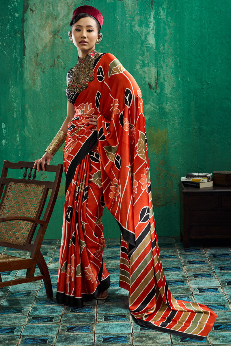 Awesome Ajrakh Printed Rust Color Satin Saree | Buy Online India