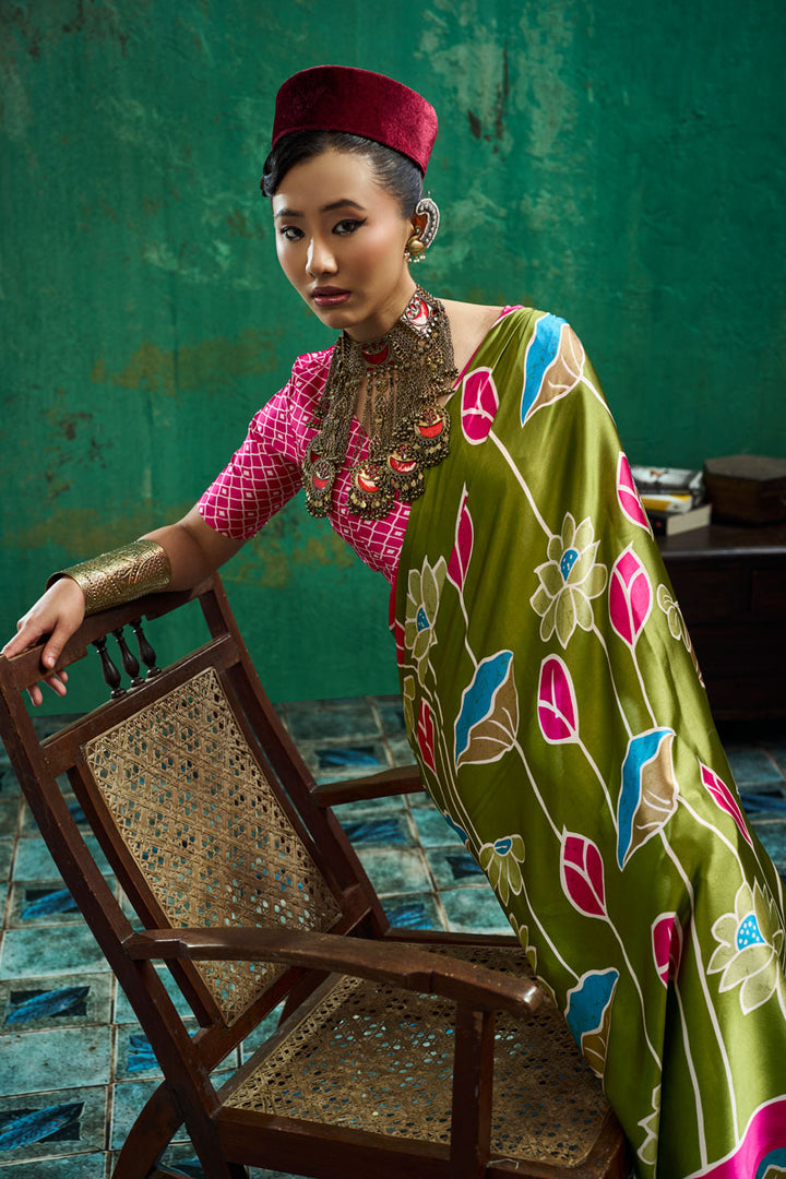 Tempting Olive Color Ajrakh Printed Satin Saree | Buy Online India