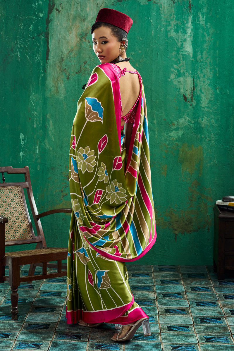 Tempting Olive Color Ajrakh Printed Satin Saree | Buy Online India