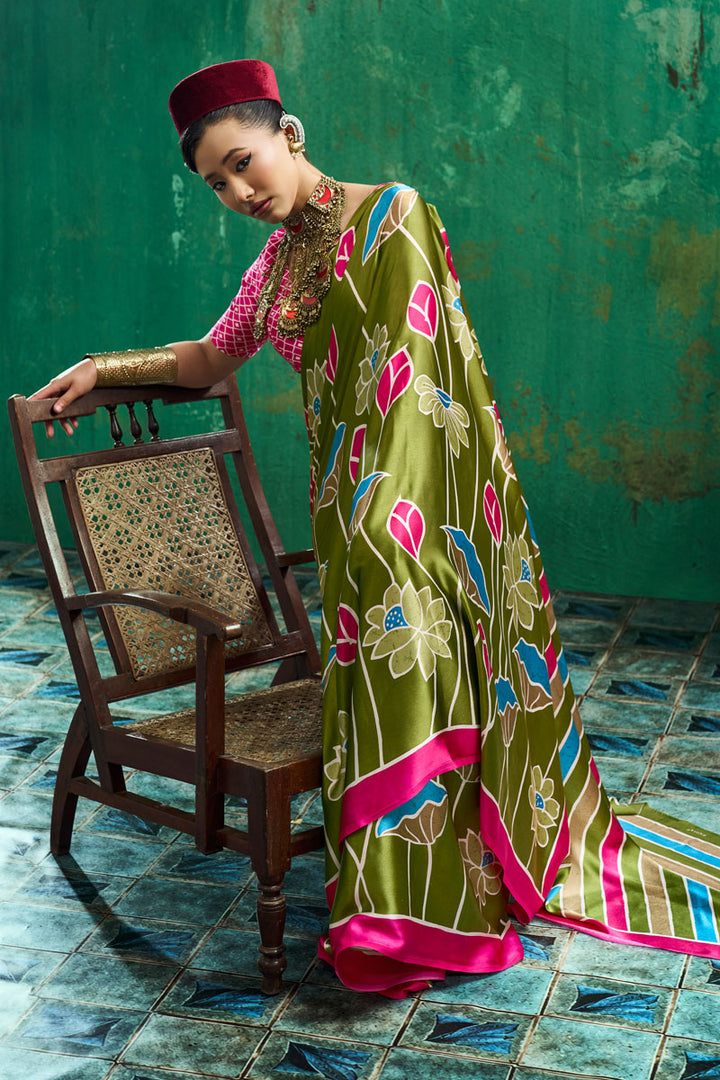 Tempting Olive Color Ajrakh Printed Satin Saree | Buy Online India
