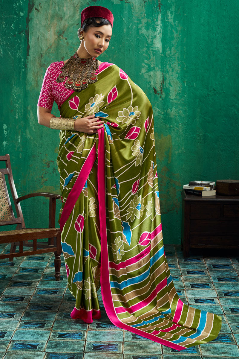 Tempting Olive Color Ajrakh Printed Satin Saree | Buy Online India