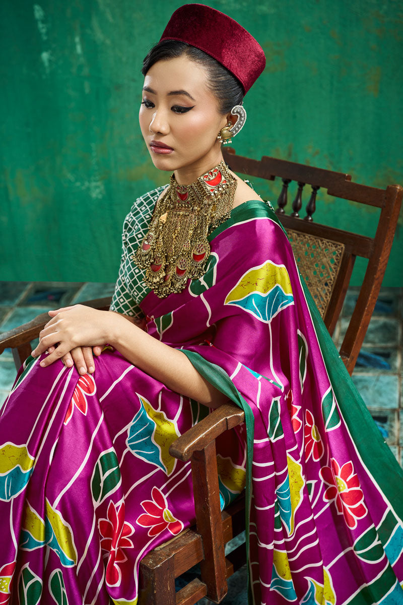 Engaging Ajrakh Printed Magenta Color Satin Saree | Buy Online India