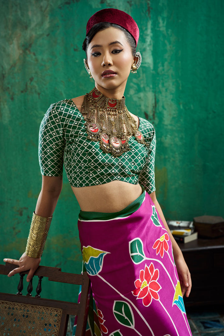 Engaging Ajrakh Printed Magenta Color Satin Saree | Buy Online India