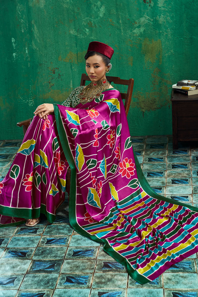 Engaging Ajrakh Printed Magenta Color Satin Saree | Buy Online India