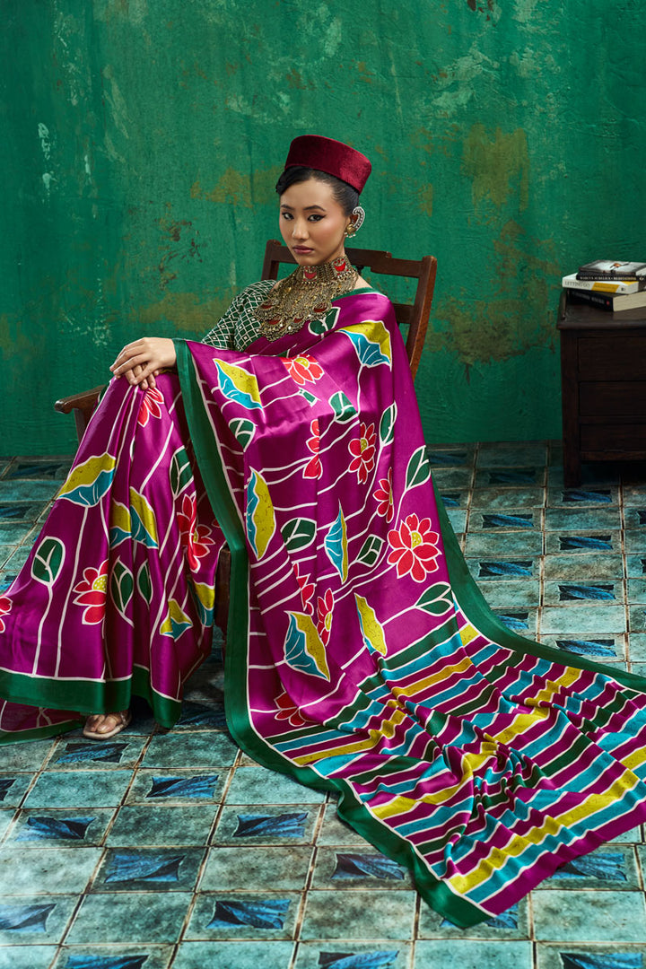 Engaging Ajrakh Printed Magenta Color Satin Saree | Buy Online India