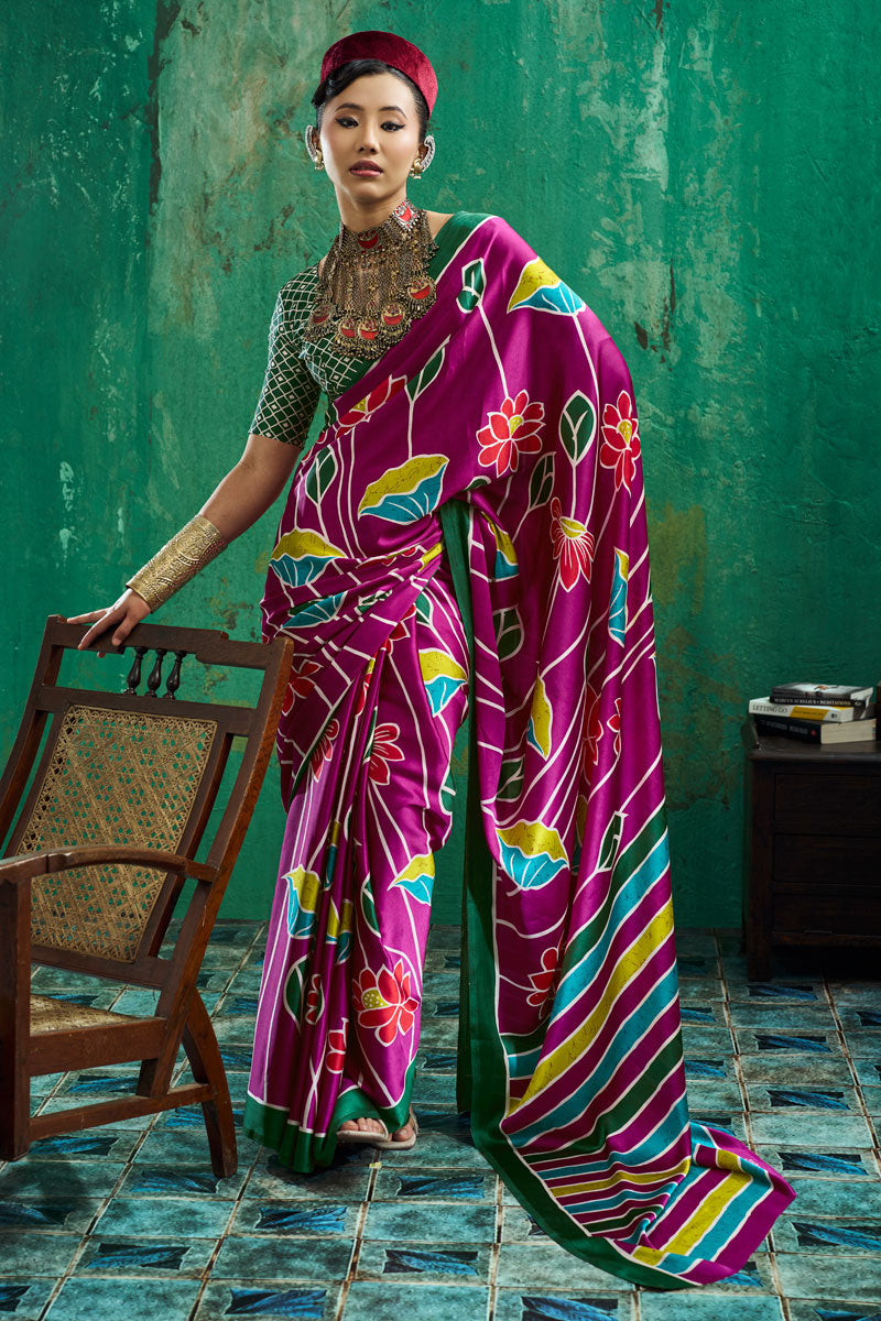 Engaging Ajrakh Printed Magenta Color Satin Saree | Buy Online India