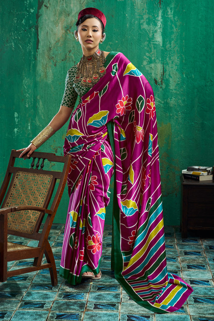 Engaging Ajrakh Printed Magenta Color Satin Saree | Buy Online India