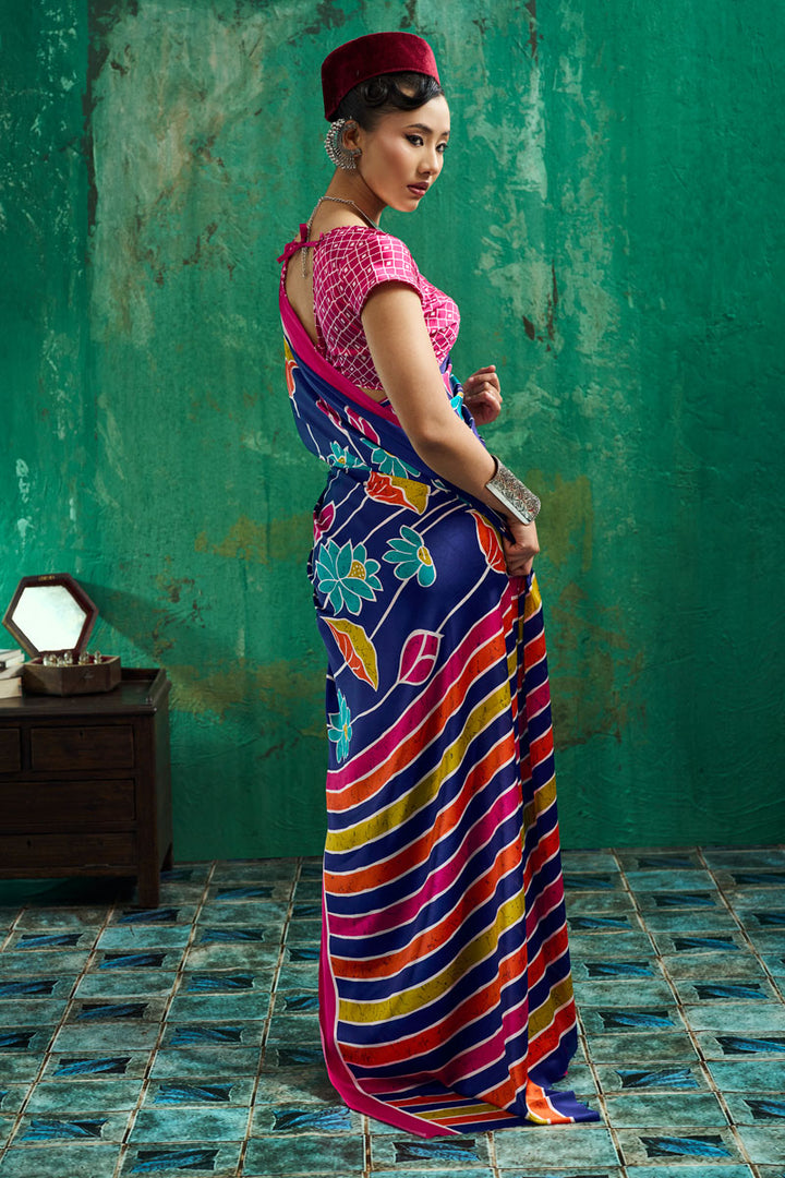 Ajrakh Printed Blue Gorgeous Satin Saree For Festive