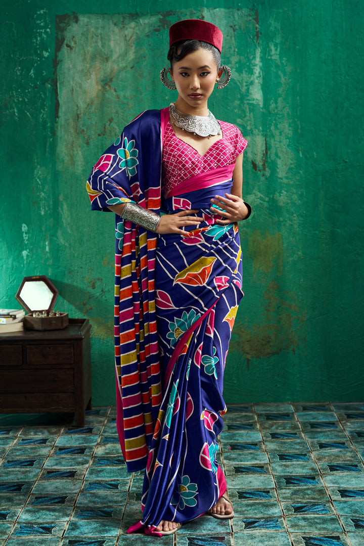 Ajrakh Printed Blue Gorgeous Satin Saree For Festive