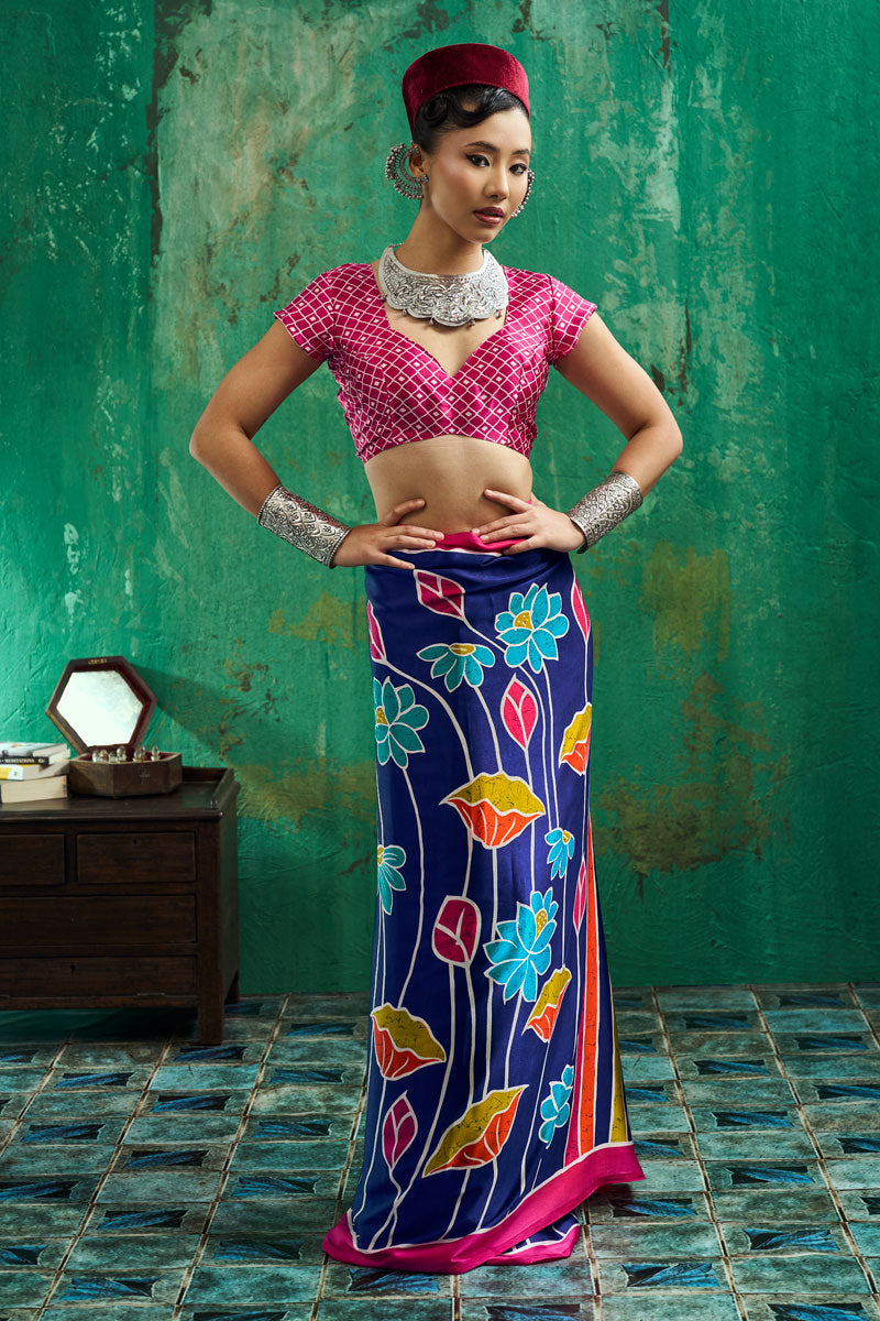Ajrakh Printed Blue Gorgeous Satin Saree For Festive