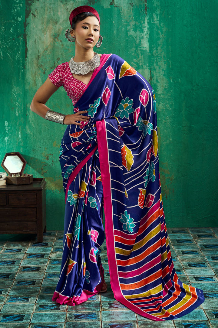 Ajrakh Printed Blue Gorgeous Satin Saree For Festive