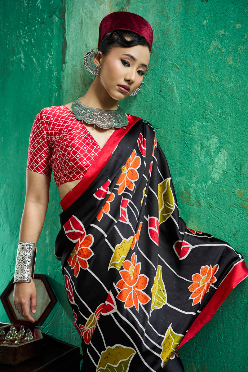 Festive Style Black Satin Ajrakh Printed Saree
