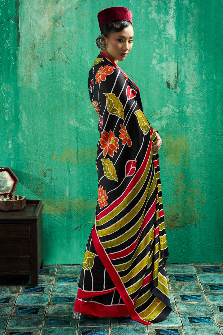 Festive Style Black Satin Ajrakh Printed Saree