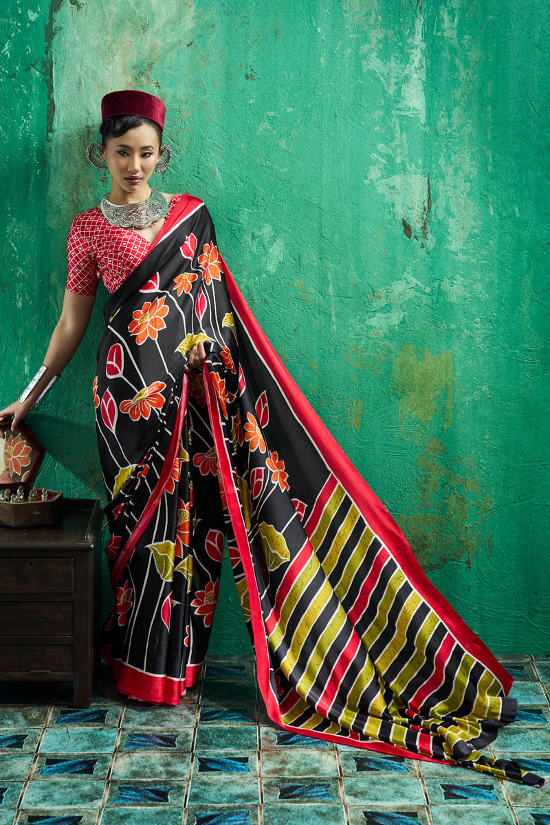 Festive Style Black Satin Ajrakh Printed Saree