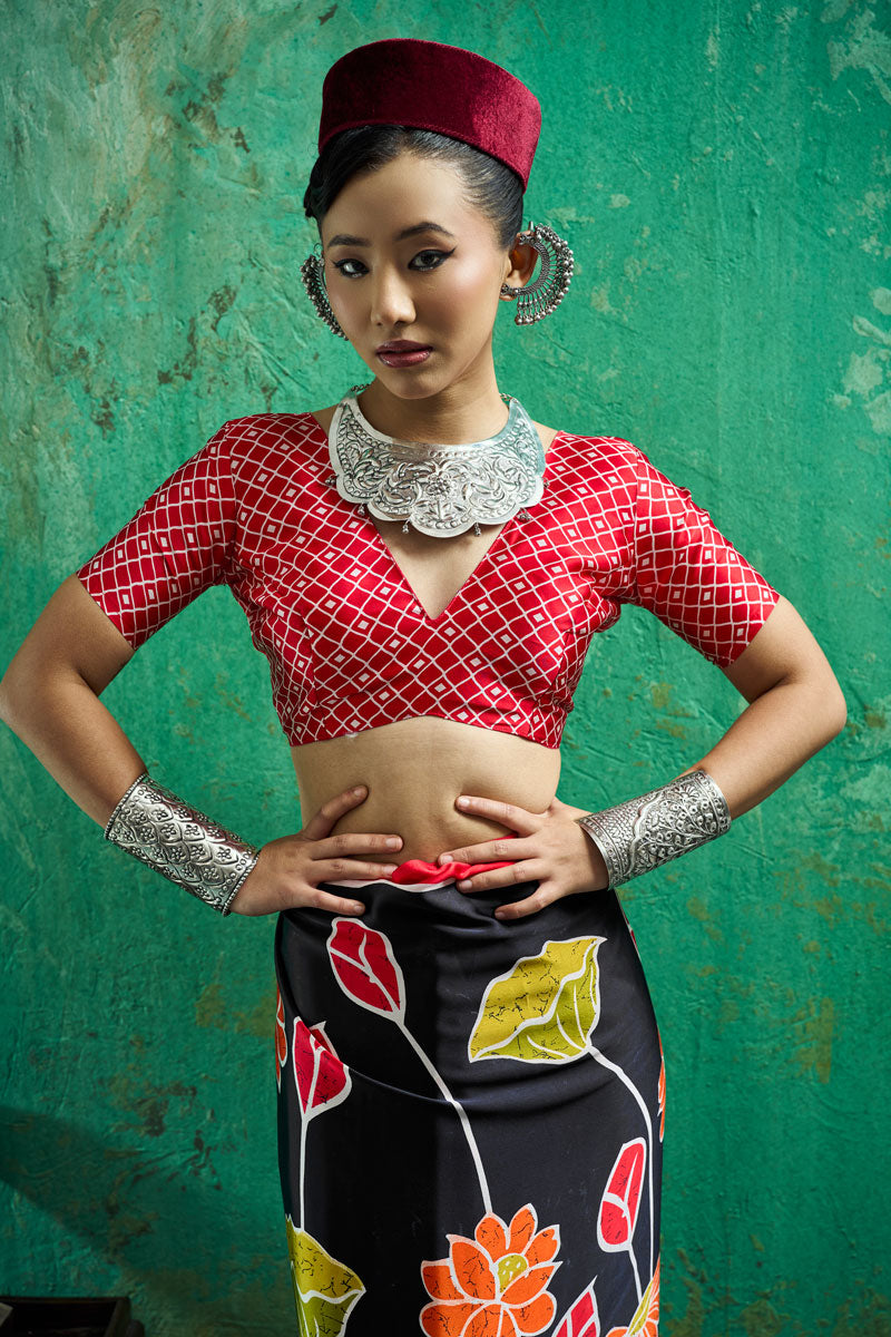 Festive Style Black Satin Ajrakh Printed Saree