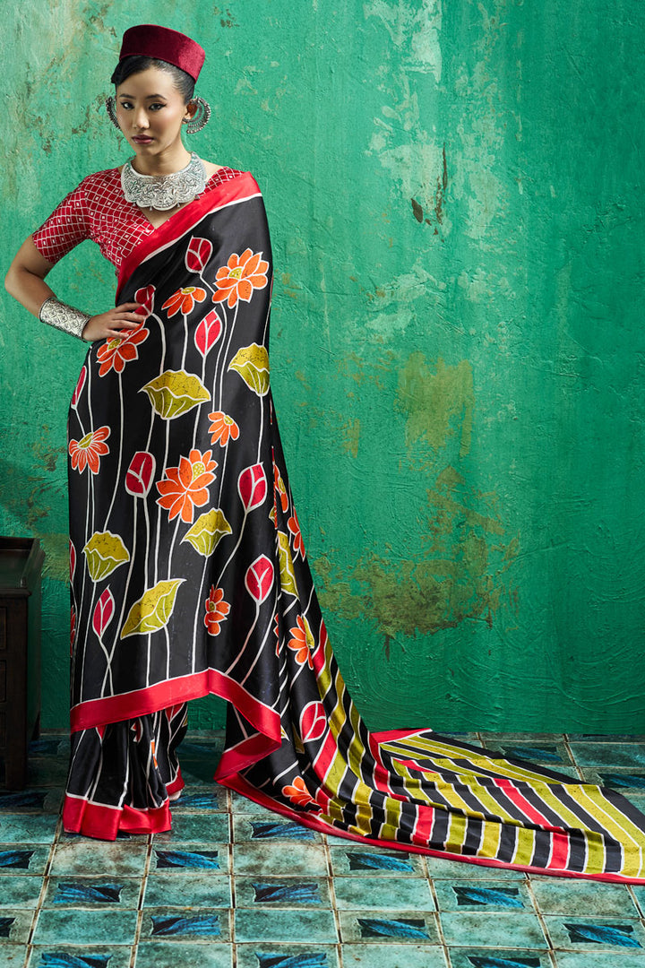 Festive Style Black Satin Ajrakh Printed Saree