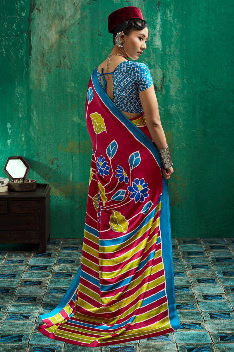Ajrakh Printed Festive Wear Glamorous Satin Saree In Rani Color