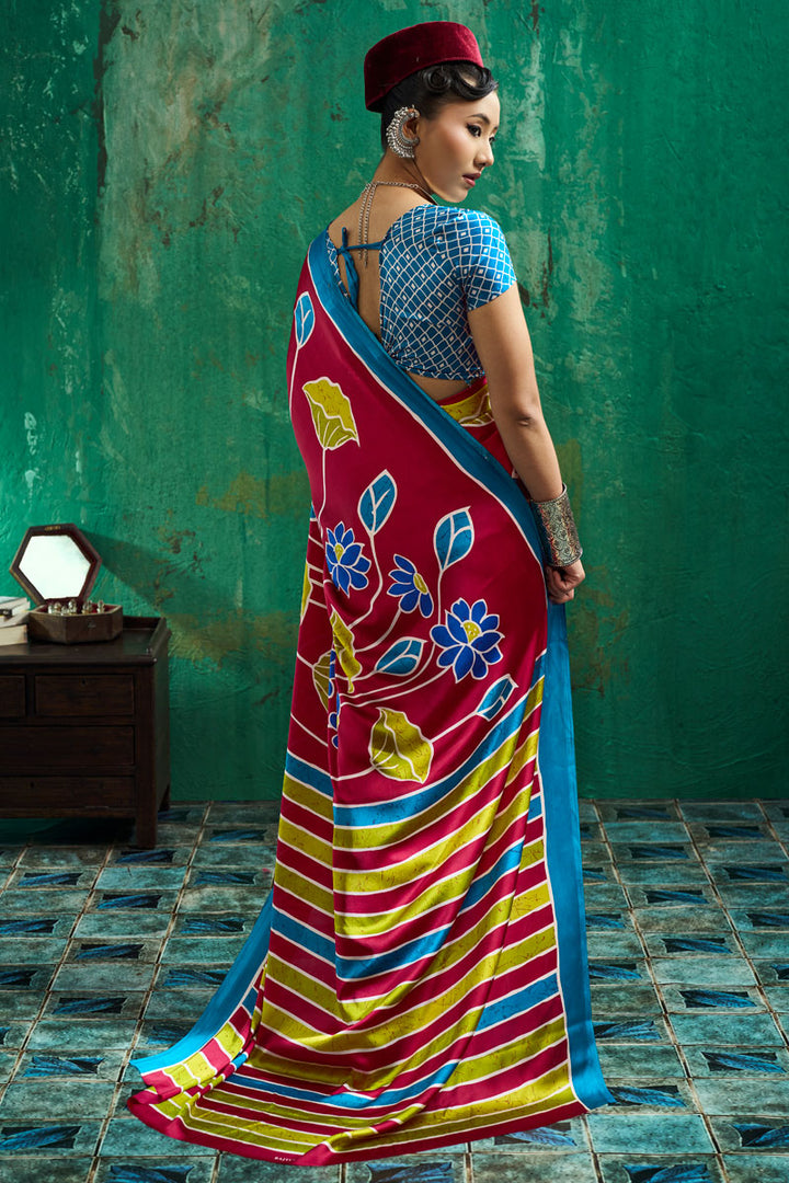 Ajrakh Printed Festive Wear Glamorous Satin Saree In Rani Color