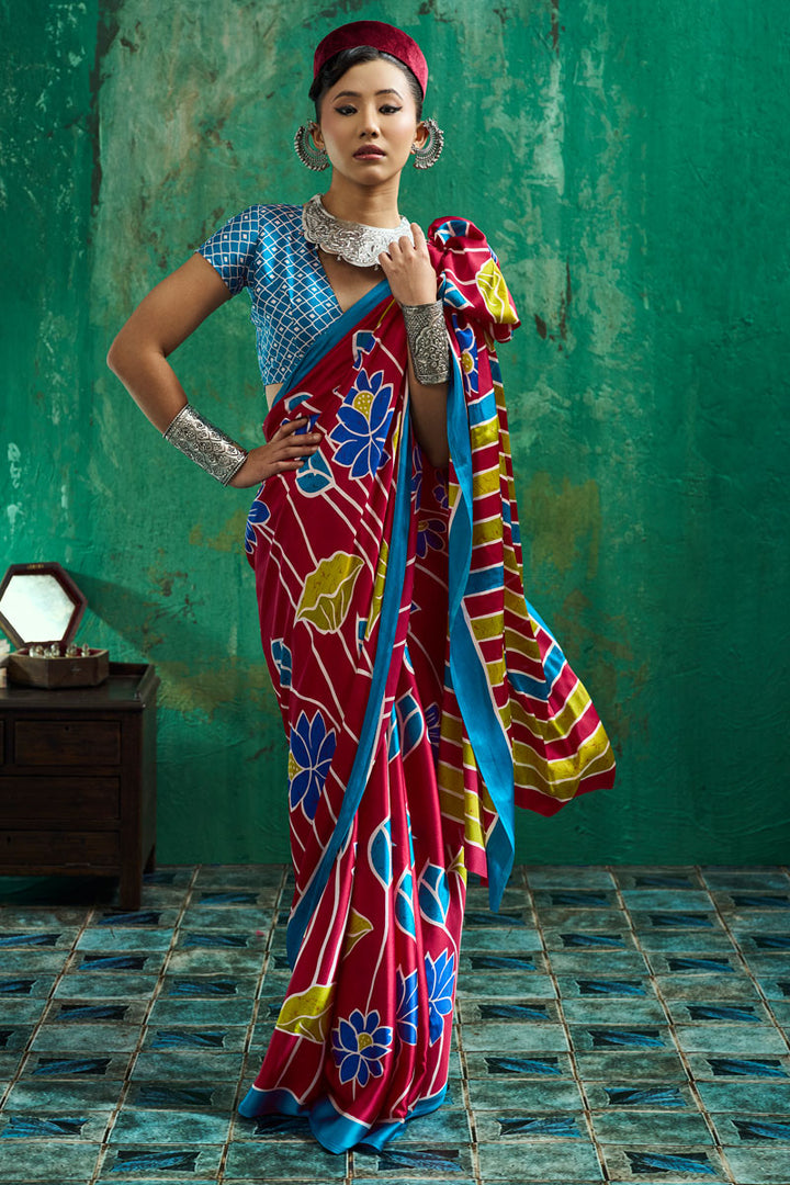 Ajrakh Printed Festive Wear Glamorous Satin Saree In Rani Color