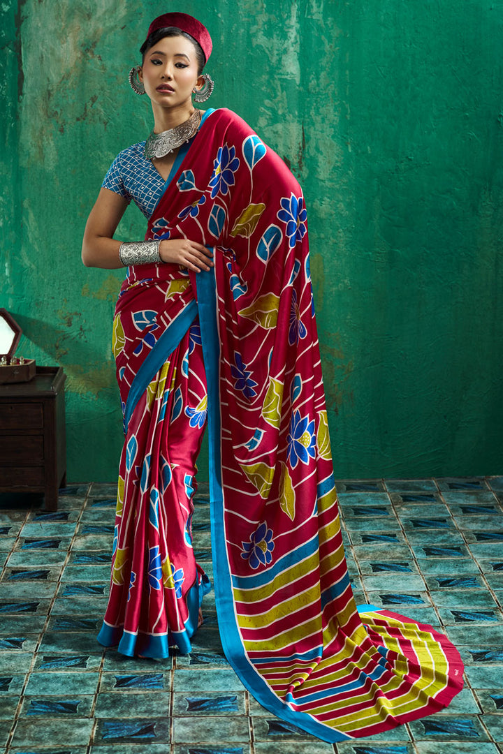 Ajrakh Printed Festive Wear Glamorous Satin Saree In Rani Color