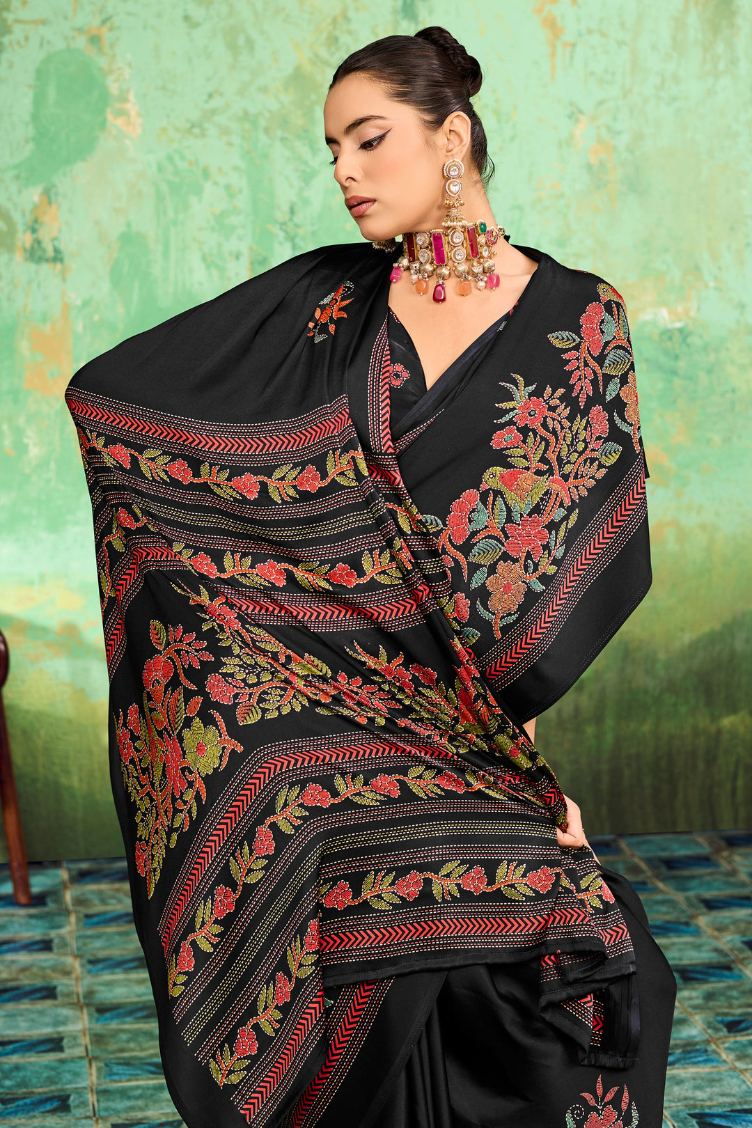 Festive Style Katha Printed Satin Black Saree