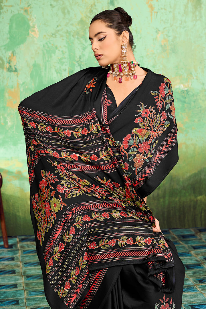 Festive Style Katha Printed Satin Black Saree