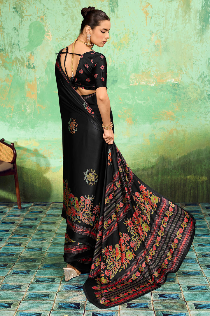 Festive Style Katha Printed Satin Black Saree