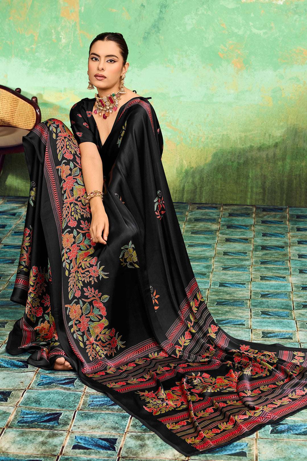 Festive Style Katha Printed Satin Black Saree