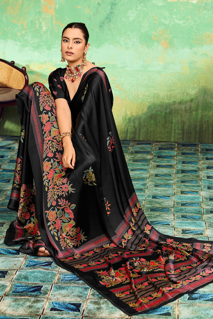 Festive Style Katha Printed Satin Black Saree