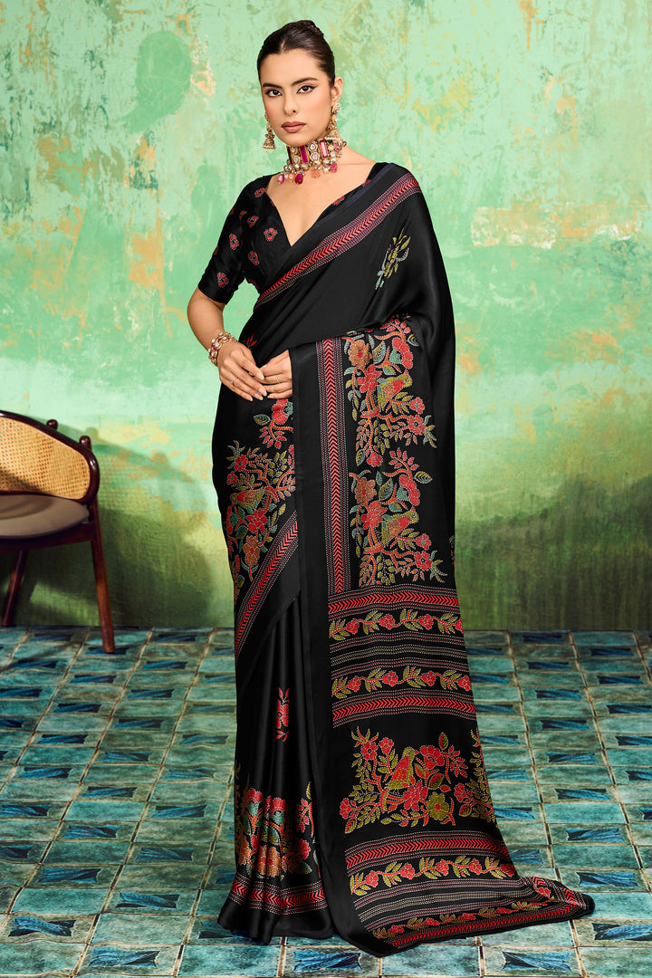 Festive Style Katha Printed Satin Black Saree