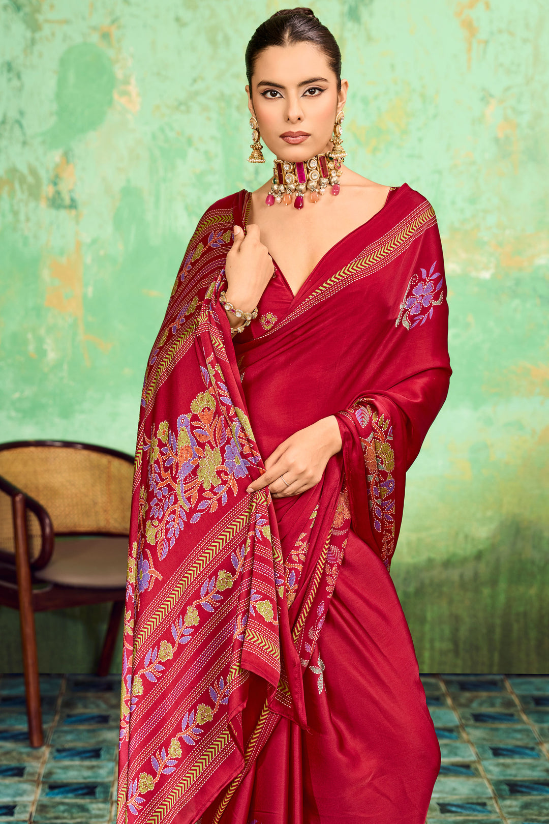Maroon Color Satin Katha Printed Saree For Festive | Buy Online India