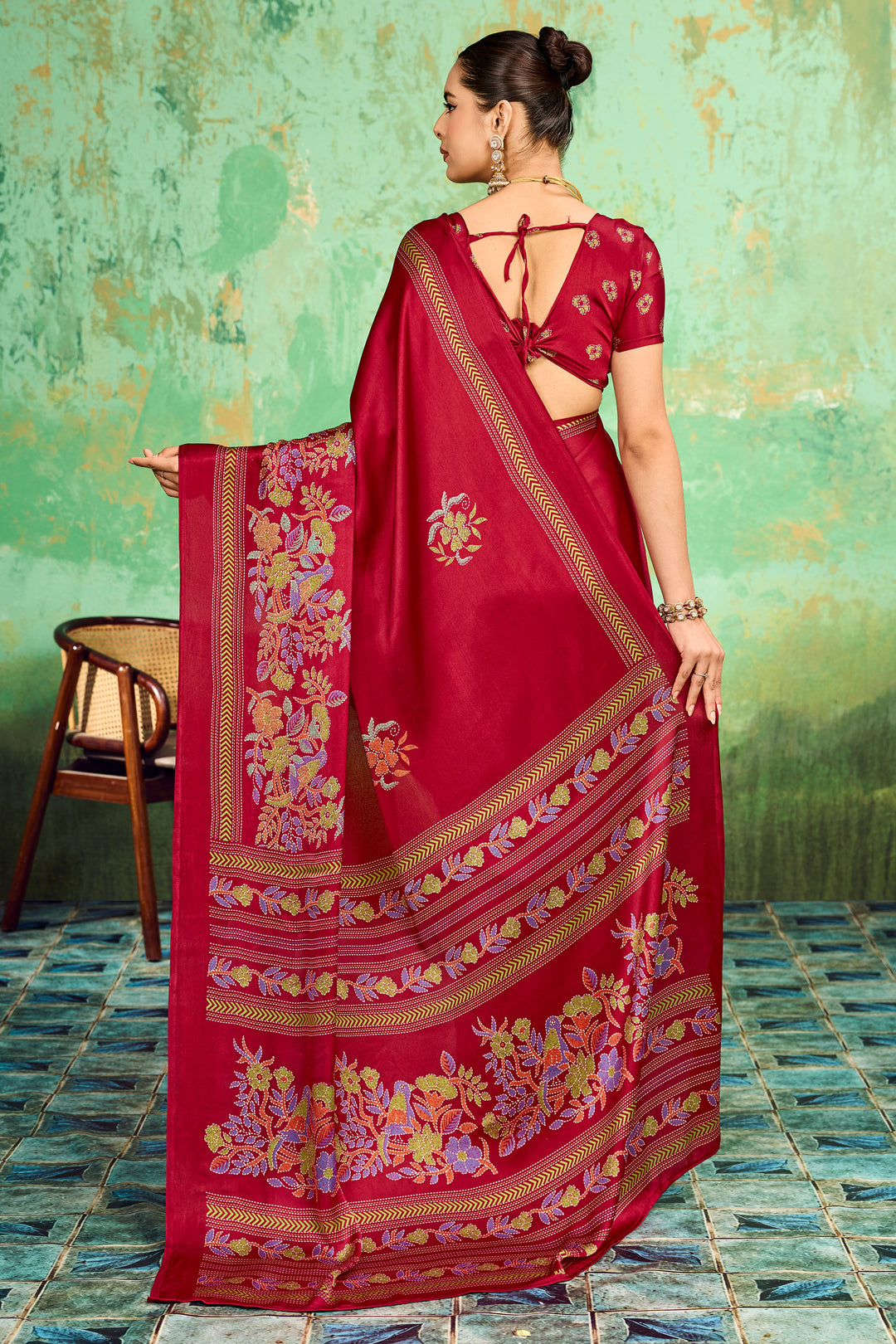 Maroon Color Satin Katha Printed Saree For Festive | Buy Online India