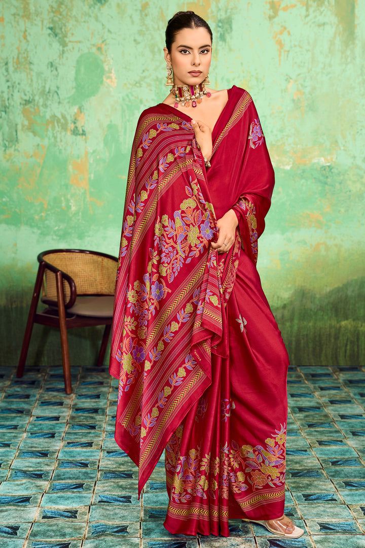 Maroon Color Satin Katha Printed Saree For Festive | Buy Online India