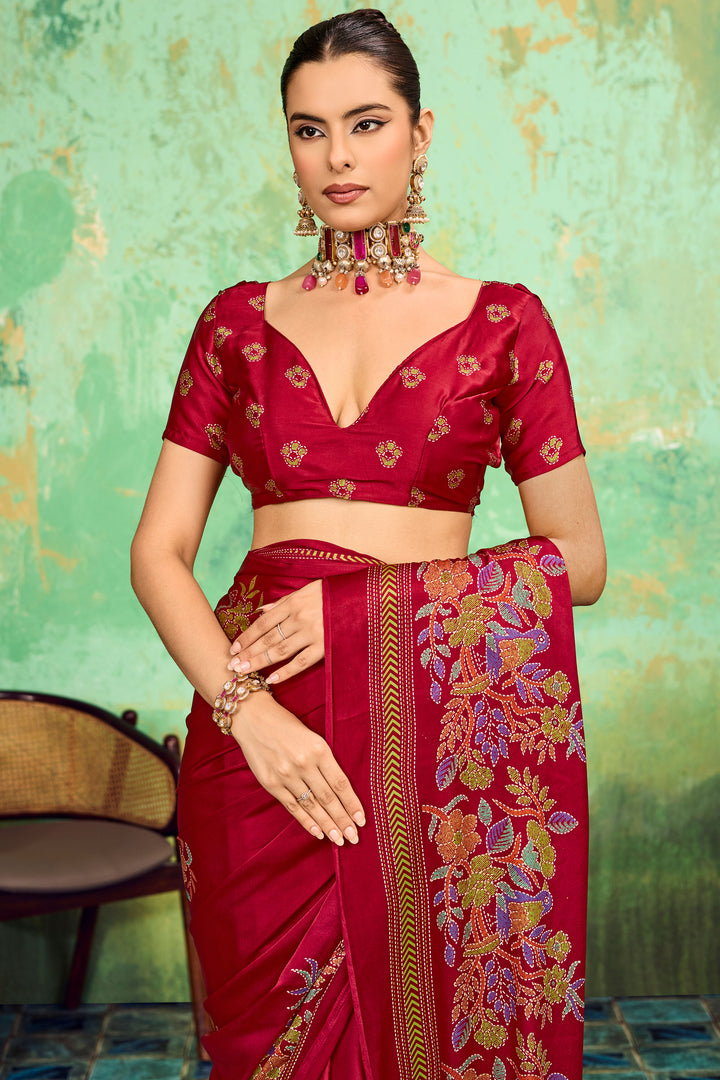 Maroon Color Satin Katha Printed Saree For Festive | Buy Online India