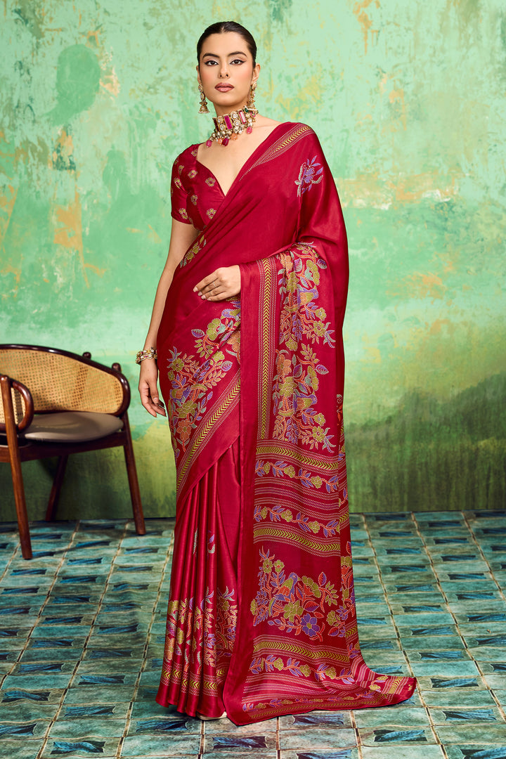Maroon Color Satin Katha Printed Saree For Festive | Buy Online India