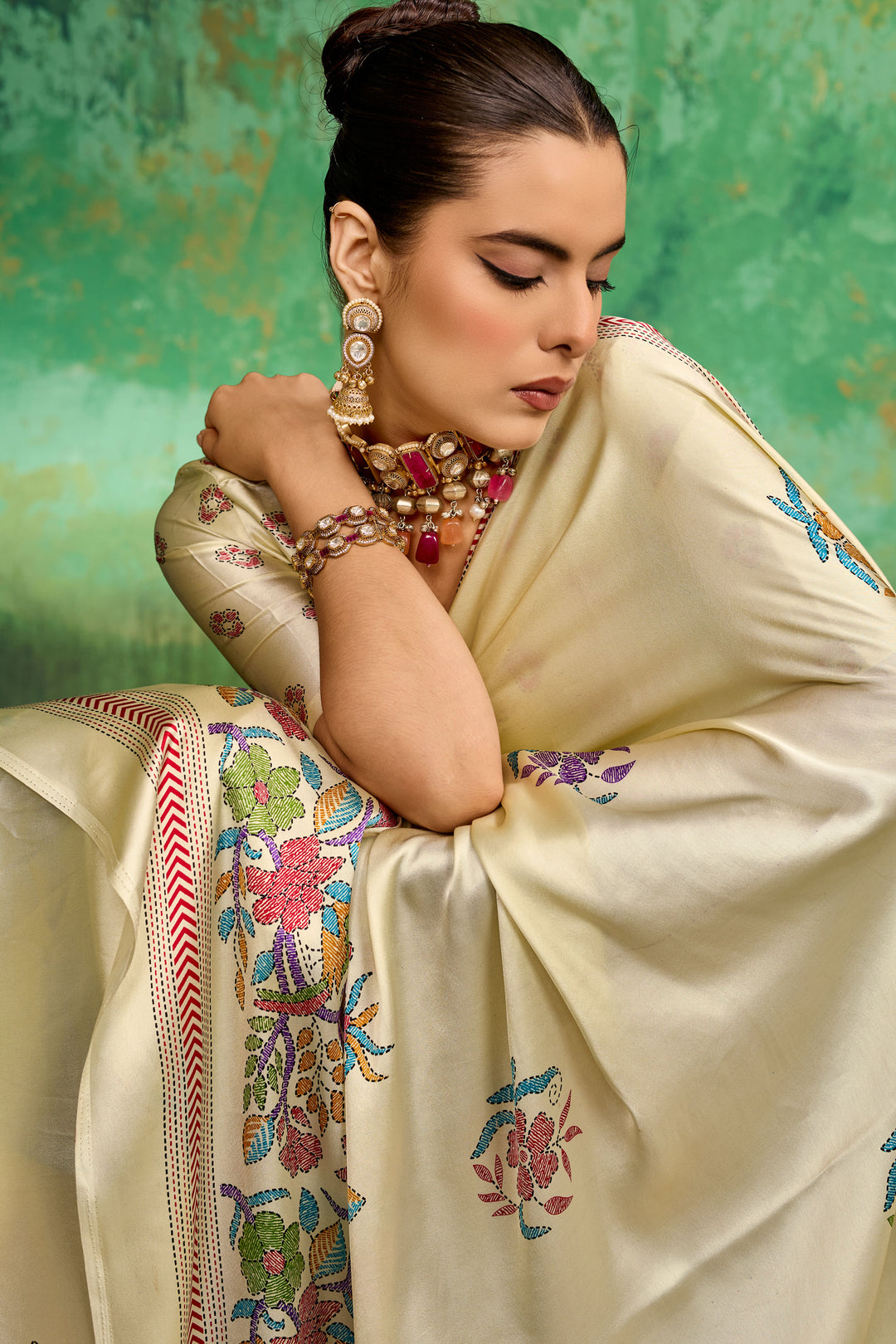 Cream Color Excellent Katha Printed Satin Saree | Buy Online India