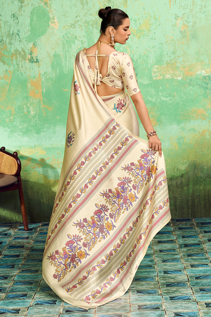 Cream Color Excellent Katha Printed Satin Saree | Buy Online India